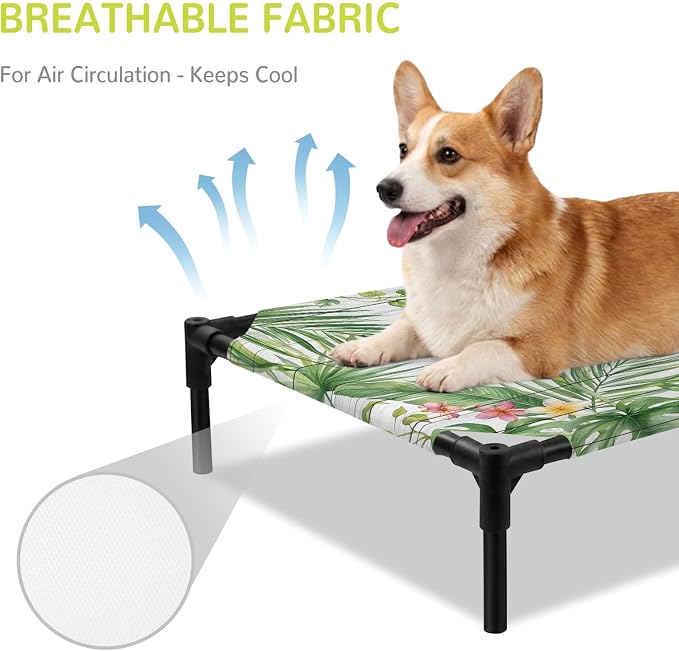 Outdoor Elevated Dog Bed for Large Dogs, Summer Hummingbirds Breathable Cooling Raised Dog Cot for Indoor/Outdoor, Farmhouse Floral Palm Leaves Wooden Waterproof Elevated Pet Beds, L 28 x 22 in