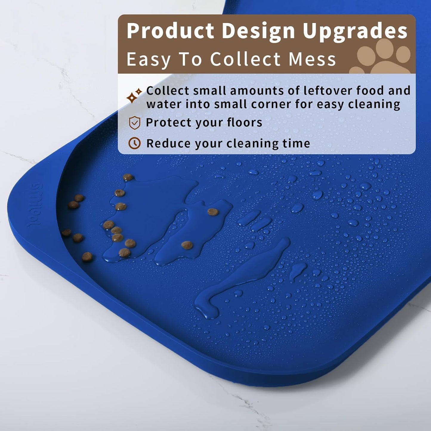 Silicone Pet Feeding Mat with Raised Edge & Residue Collection Pocket for Food and Water, Dog Bowl Mats, Cat Bowls Placemat with High Lip for Floor Waterproof, 22 x 14 x 0.8 Navy Blue