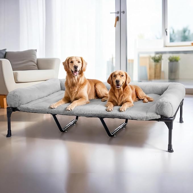 Veehoo Elevated Dog Beds Large Sized Dog with Fluffy Plush Bolster Cushion | Orthopedic Raised Dog Beds for Indoor Outdoor, Soft Pet Sofa Cot with Removable Washable Mat, No-Slip Feet, 59" x 37", Grey