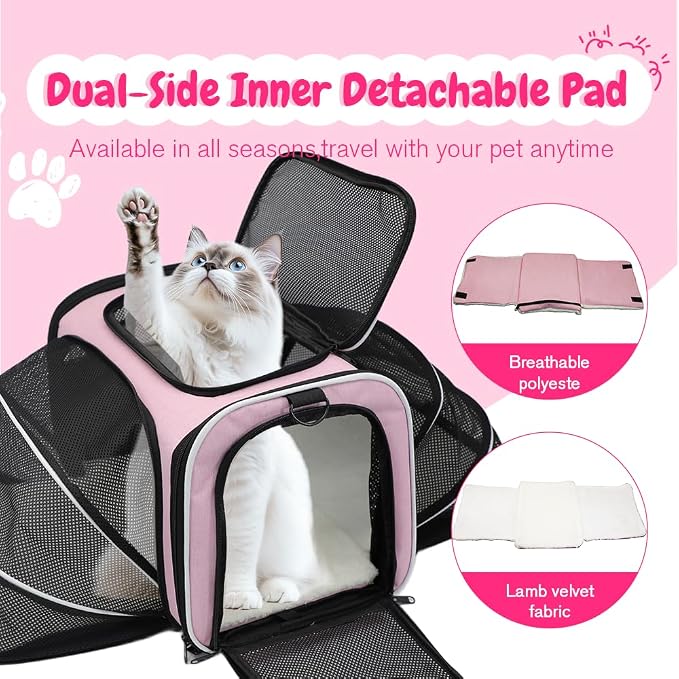 Double Expandable Cat Carrier,Airline Approved Soft-Sided Pet Travel Carrier for Small Dogs Cats under 15 lbs,Waterproof 600D Oxford Fabric with Washable Replacement Liner,Odor-Free & Claw-Proof(Pink)