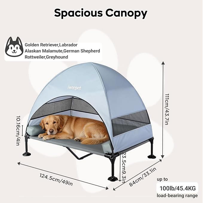 iweepet Upgraded 4 in1 Elevated Dog Cot with Removable Canopy & Bolster Pillows for Large & Extra Large Dog,Cooling Raised Outdoor Dog Bed with Breathable Teslin Mesh,Carry Bag for Camping, Backyard