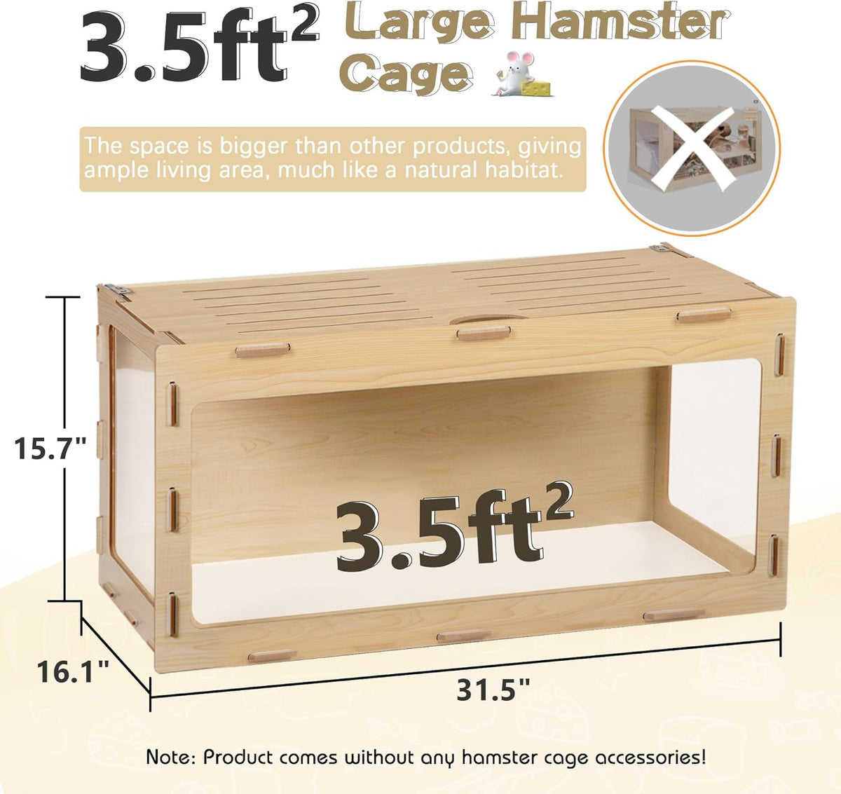 COZIWOW Wooden Hamster Cage Chewproof, Bigger World - 32" Large Hamster Cages and Habitats, Openable Top & 3 Side Acrylic Sheets, Small Animal Cage Pet House for Syrian Dwarf Guinea Pig Chinchilla