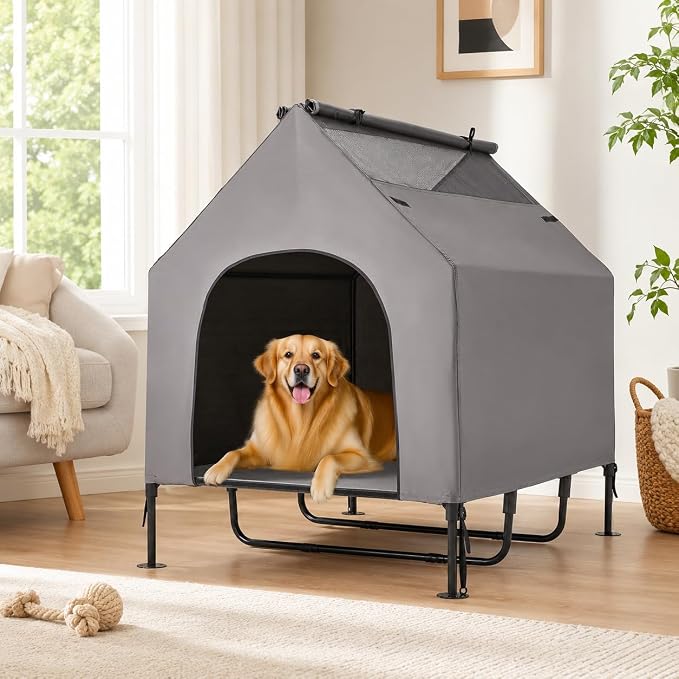 Erinnyees 48" Large Dog House Outdoor for Large Dogs, 2-in-1 Waterproof Dog House & Elevated Dog Bed with Removable Canopy, Breathable Mesh Windows, Steel Frame Dog Tent for Patio Backyard Camping
