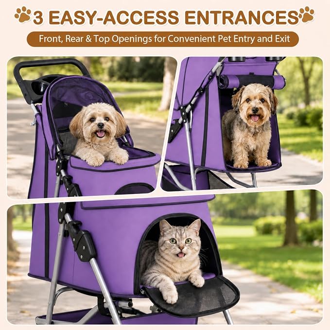 Pet Stroller 4 Wheels Dog Cat Stroller for Small Medium Dog Cats Carrier Jogger Travel Foldable Puppy with Storage Basket and Cup Holder (Purple)