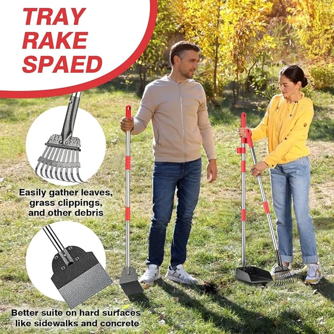 FUSBUNTY Pooper Scooper, Long Handle Dog Pooper Scooper, Heavy Duty Stainless Steel Rake with Tray & Spade Set for Pet Waste Removal, for Grass, Dirt or Gravel