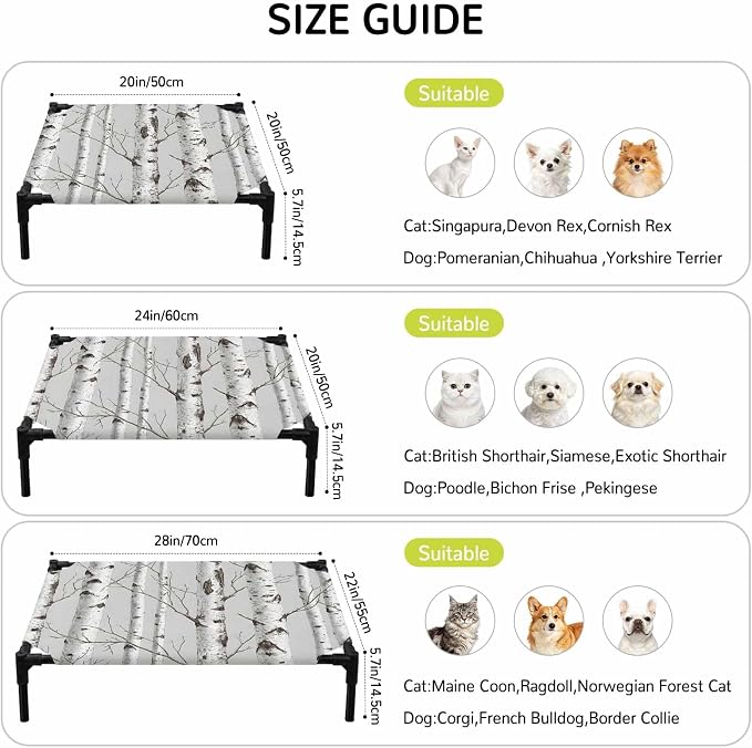 Outdoor Elevated Dog Bed for Large Dogs, White Branch Breathable Cooling Raised Dog Cot for Indoor/Outdoor, Natural Tree Forest Country Mottled Trunk Plants Waterproof Elevated Pet Beds, L 28 x 22 in