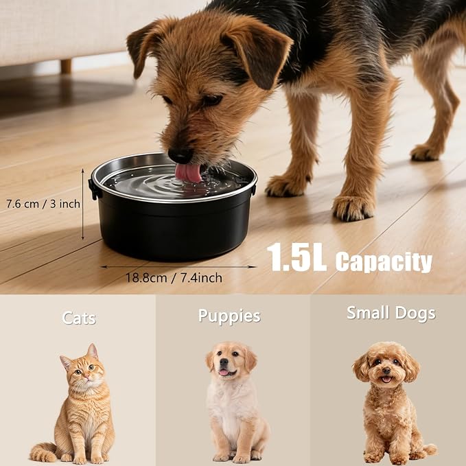 Dog Water Bowl No Spill, 1.5L/50oz Stainless Steel Slow Water Bowl for Dogs, Spill Proof Dog Bowl with Anti-Splash & Non-Slip, Slow Drinking Water Bowl Dispenser for Messy Drinkers (Black)