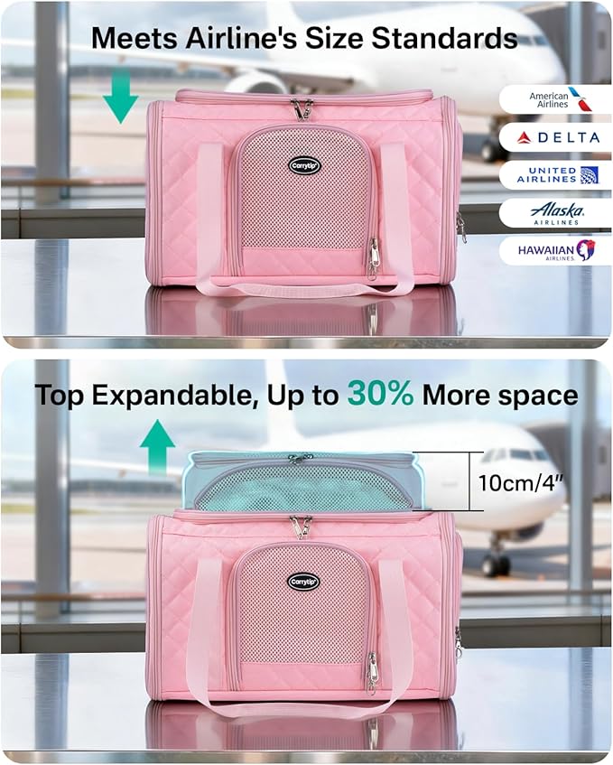 Cat Carrier Airline Approved 17x11x9.5 Inches, Top Expandable Soft Sided Pet Travel Carrier for Cats & Small Dogs, Fits Under Airline Seat with Locking Zippers, Pink