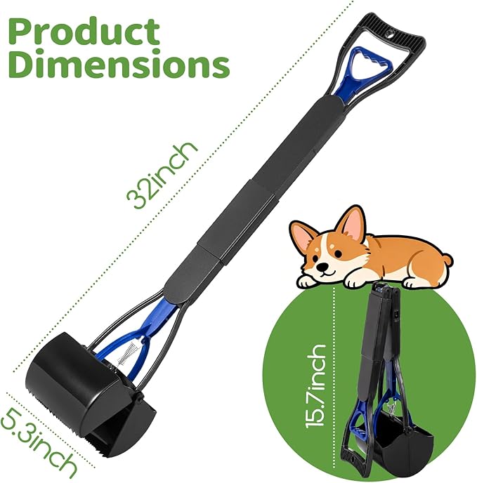 32" Pooper Scooper with Bags & Dispenser Attachment, Long Handle Dog Poop Scooper for Large/Small Dogs, High Strength Spring No-Bend Poop Scoop, Foldable Poop Picker Upper for Grass/Gravel Pick Up