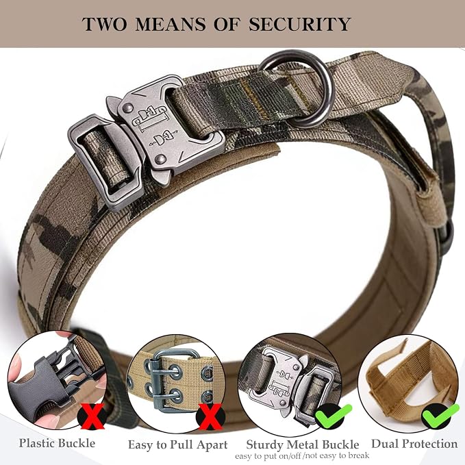 Tactical Dog Collar for Large Dogs with Control Handle,Camo,XXL | Adjustable Fit,Heavy-Duty Quick-Release Metal Buckle,1000D Nylon Fabric,Soft-Padded Webbing,D-Ring,for Training & Hiking