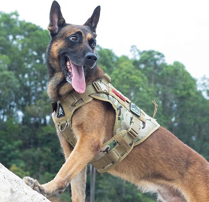 OneTigris Tactical Dog Harness with Handle No-Pull Adjustable for Large Dog | Military 1000D Pullable Nylon, Service Dog Vest with Hook & Loop Panels, Easy On & Off for Walking Hiking Training Camo XL