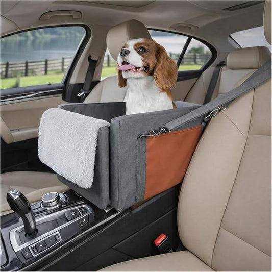 Avont Center Console Dog Car Seat for Small Dogs, Secure Armrest Pet Booster Seat with Multi-Strap Support, Washable Console Seat Bed with Storage Pocket -Dark Grey