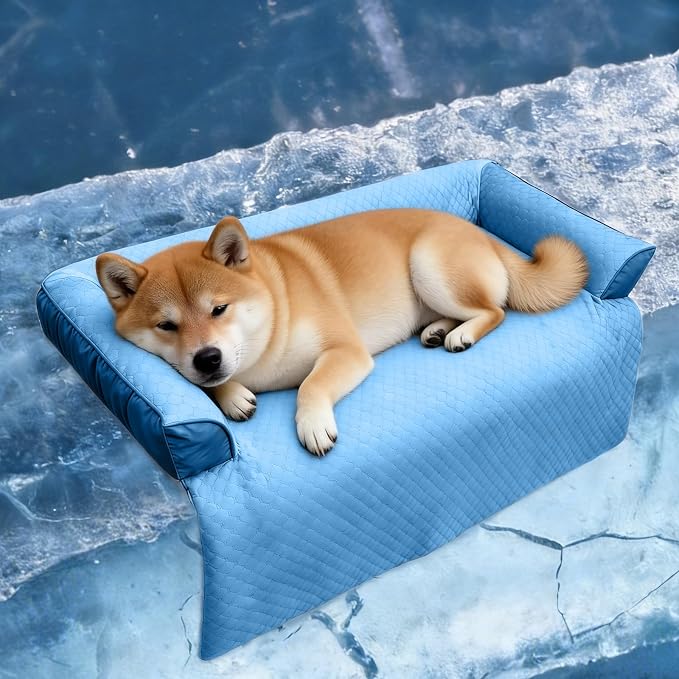 GGIB Cooling Dog Bed Mat with Bolster Pillow Washable Dog Couch Cover Breathable Summer Pet Couch Bed Protector Indoor(Medium, Cooling Blue)