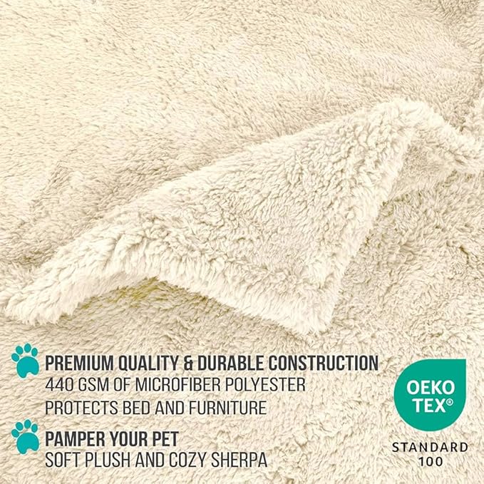 PetAmi Fluffy Waterproof Dog Blanket for Bed Large Dogs, Soft Warm Pet Sherpa Throw Pee Proof Couch Cover, Reversible Cat Blanket Sofa Crate Kennel Protector, Washable Mat Queen (Beige Cream, 90x90)