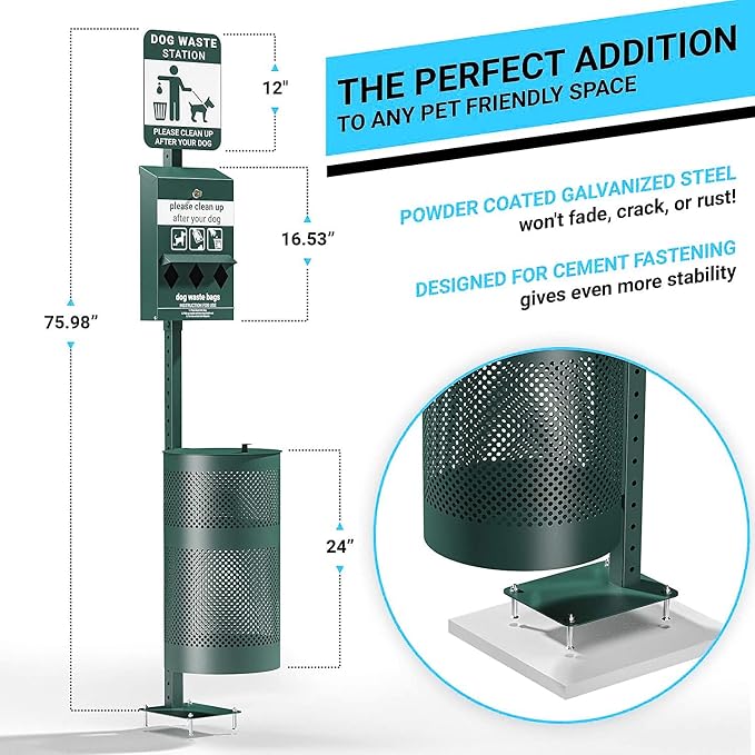 Flash Furniture Pet Waste Station with Glow in The Dark Sign, Green | Bag Dispenser, Hand Sanitizer Bottle, Trash Can with Lid, Includes 600 Roll Bags & 50 Can Liners, Commercial Use