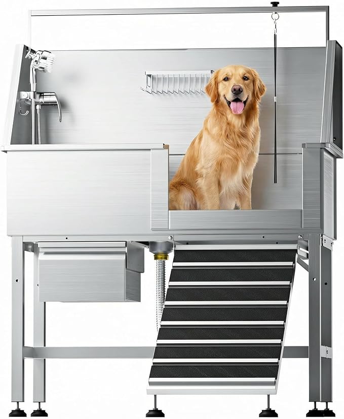46" Dog Washing Station, Leak-Proof 304 Stainless Steel Dog Bathtub with Non-Slip Removable Left Stair & Storage Drawer, Elevated Pet Wash Station for Large Dogs, Indoor & Outdoor Use (Right Ramp)