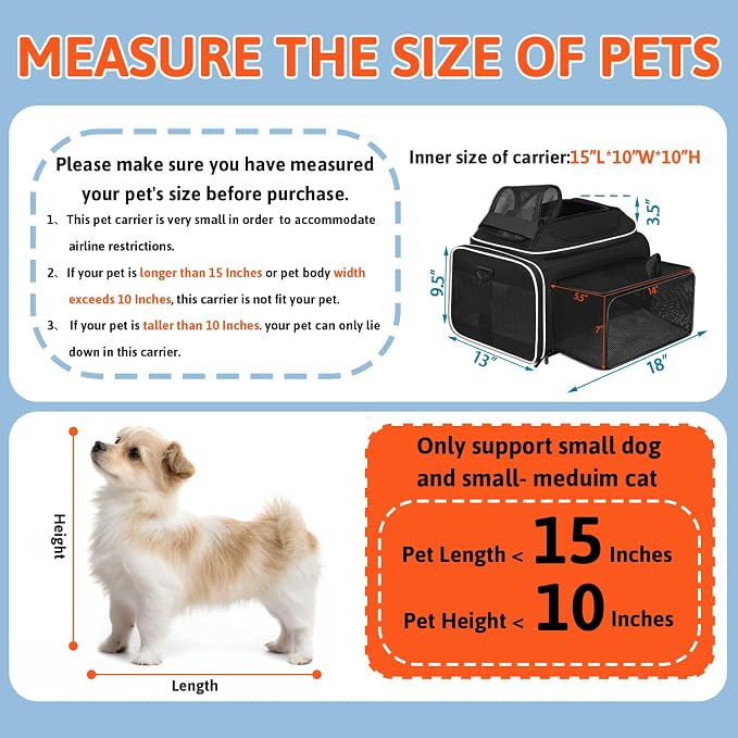 Petskd Top and Side Expandable Pet Carrier 18x13x9.5 Inches Southwest Airline Approved, Soft-Sided Carrier for Small Cats and Dogs with Locking Safety Zippers and Anti-Scratch Mesh(Black)