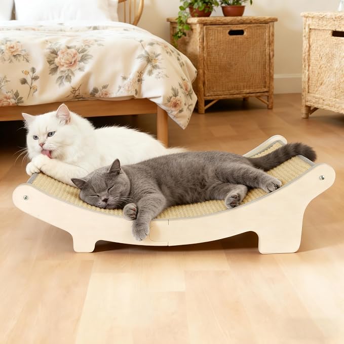 Sisal Cat Hammock Bed for Indoor Cats, Upgraded Support Rods | Wooden Scratcher Lounger, Elevated Scratch Pad for Large Cats up to 20 lbs, Natural Furniture Protector