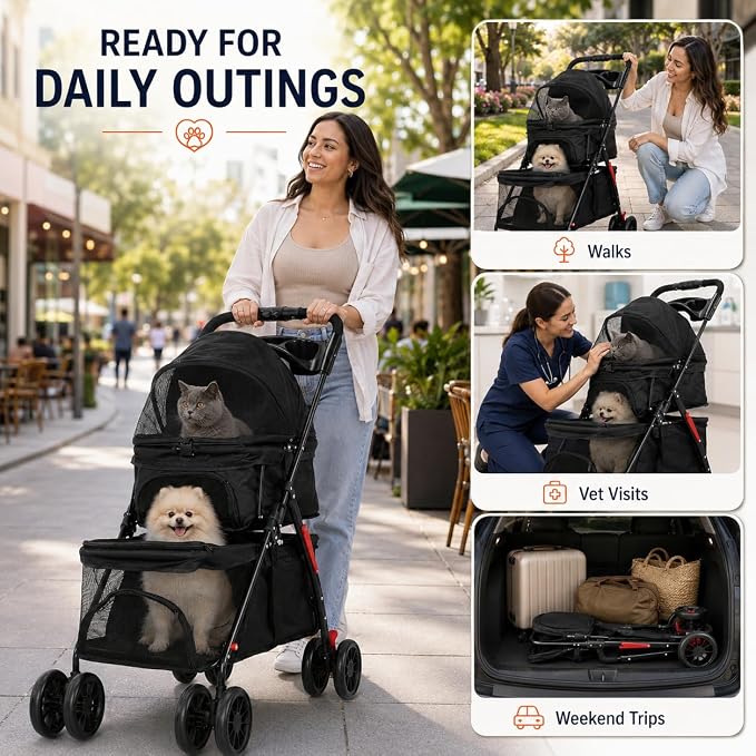 Double Pet Stroller for 2 Cats & Dogs, 2-in-1 Cat & Dog Stroller, Lightweight Foldable Travel Cart with Cup Holder & Brake Cat Strollers for 2 Cats, Dog Strollers for 2 Small Dogs