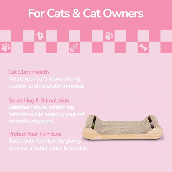 Rini 23.75" Modern Cardboard Cat Scratcher Lounge Bed with Built-in Bell Toys and Catnip, Ergonomic Curved Sofa Design, Oak Wood Finish, Set of 2 CSR1003C-SET2