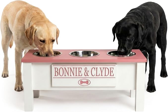 3 Bowl Dog Feeding Station, Personalized Triple Bowl Food Stand Large Dogs | Farmhouse Style, Elevated Wood Stand, Storage Container, Stainless Steel Bowls, Raised Feeder, Large Breed, Made in USA