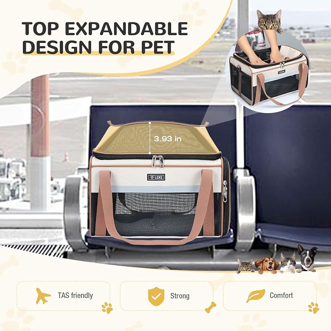 Lekereise Top-Expandable Pet Carrier 17x11x9.5 Inch Alaska Hawaiian Airline Approved Soft Sided Underseat to 12lbs Travel Carriers for Small Dogs and Cats with Locking Safety Zippers Anti-Scratch Mesh