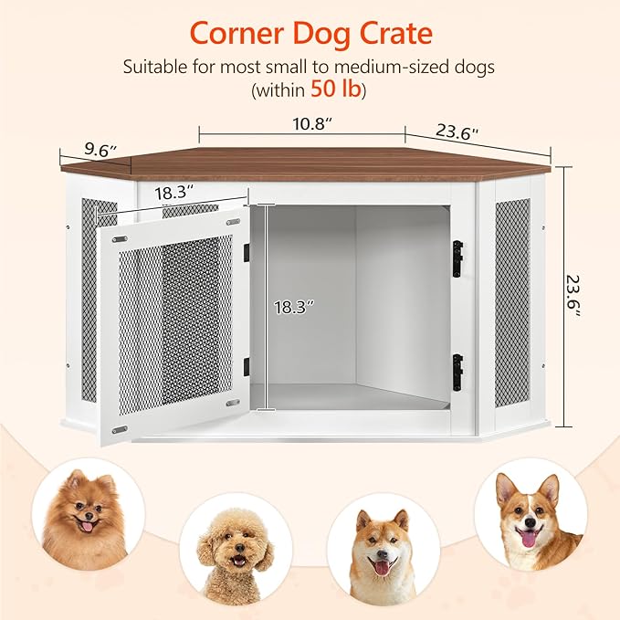 MAHANCRIS Corner Dog Crate Furniture, Wooden Dog Kennel End Table, Decorative Pet Crate Indoor Use, Furniture Style Dog House for Small Medium Dog, Dog Cage TV Stand, White and Walnut DCBA0801