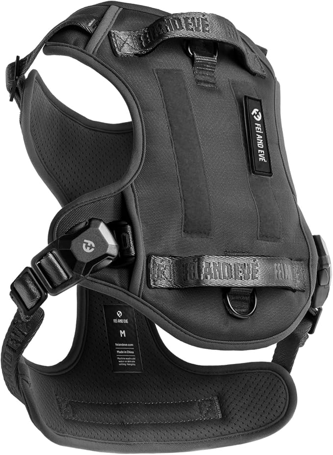Fei & Eve Classic Dog Harness, MagEase Magnetic Buckle | 3-Point No-Pull Control, Dual Handle Support, 900D Nylon, Tactical Patch Panel, Heavy Duty, Small, Black