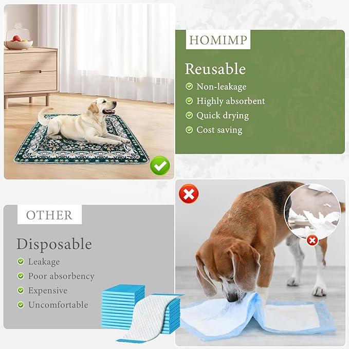Homimp Washable Pee Pads for Dogs, 2 Pack Reusable Puppy Pads Waterproof, Absorbent and Leakproof Dog Pee Pads, Non Slip Puppy Training Pads, Pet Mat for Floor, Crate, Couch, Whelping,Green, 24"x36"