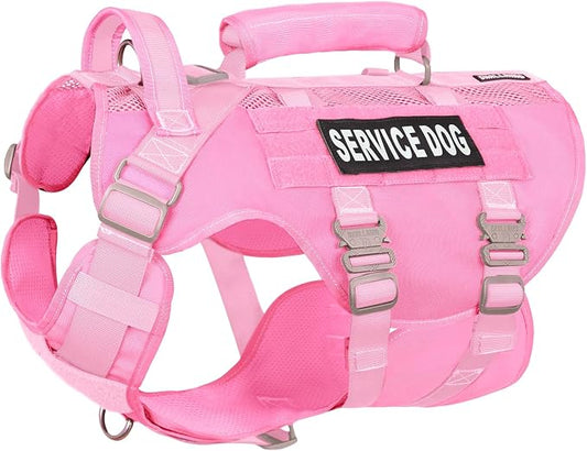 Service Dog Vest for Large Dogs, Pink Tactical Harness with Military MOLLE, Breathable Mesh & 39g Metal Buckle - Size L for Training & Hiking