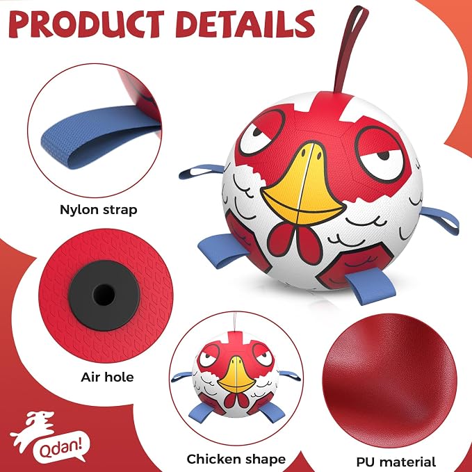 QDAN Dog Toy Balls, Dog Soccer Ball with Straps, Balls for Dogs, Small Puppy Dog Outdoor Water Pool Birthday Gifts Toy for Small Medium Dogs, 6 Inch, Chicken Ball, Pelotas para Perros
