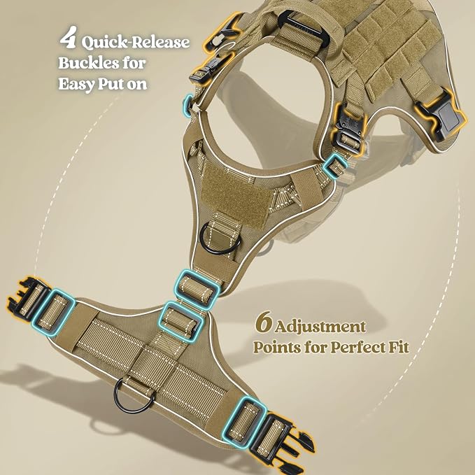 rabbitgoo Tactical Dog Harness for Medium, Heavy Duty Military No Pull Vest | Sturdy Metal Buckles, 5 Adjustments, Molle System, Powerful Pullers for Training, Hunting, Outdoor, Brown Reflex, Medium