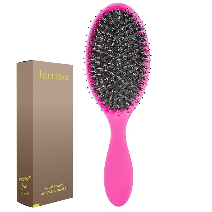 Boar Bristles Hair Brush for Women and Men, Detangling Hair Brush for Smoothing Massage Add Shine, Nylon&Boar Bristles Detangler brush for Hair Healthy (1 Pack-HotPink)