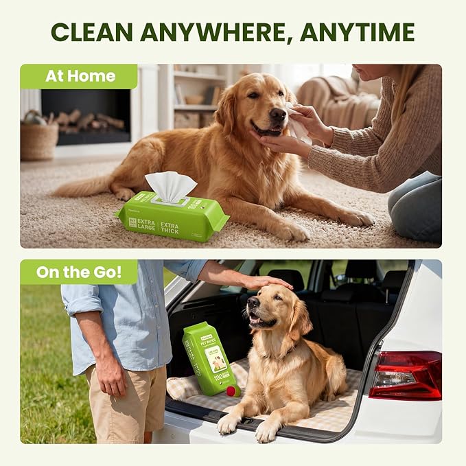 Hypoallergenic Pet Wipes for Dogs & Cats – Quick Clean & Deodorize Paws, Butt, Eyes, Ears, Face & Fur | Daily Grooming After Walks and Between Baths | Extra Large & Thick | Coconut Scented, 100 Count