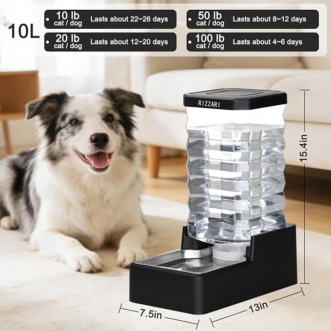 RIZZARI 10L Dog Water Bowl Dispenser:Large Capacity for Multiple Dogs | With Replaceable Filter/Wide Mouth For Easy Cleaning/Dishwasher Safe Bowl Design/No Electricity/Indoor & Outdoor Use