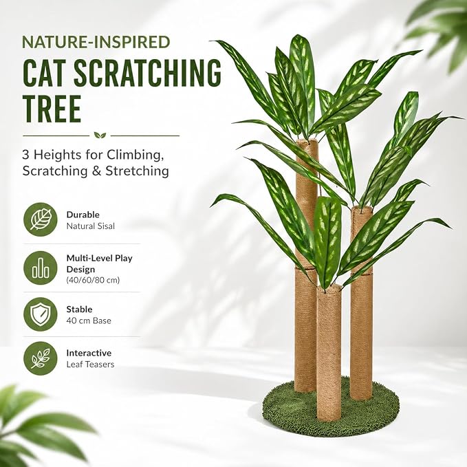 LEMONDA 31.5Inch Cat Scratching Post,Cat Scratcher Tree with 3 Scratching Poles & 2 Interactive Dangling Balls,Cats Scratching Posts for Indoor Kitten & Adult Cats