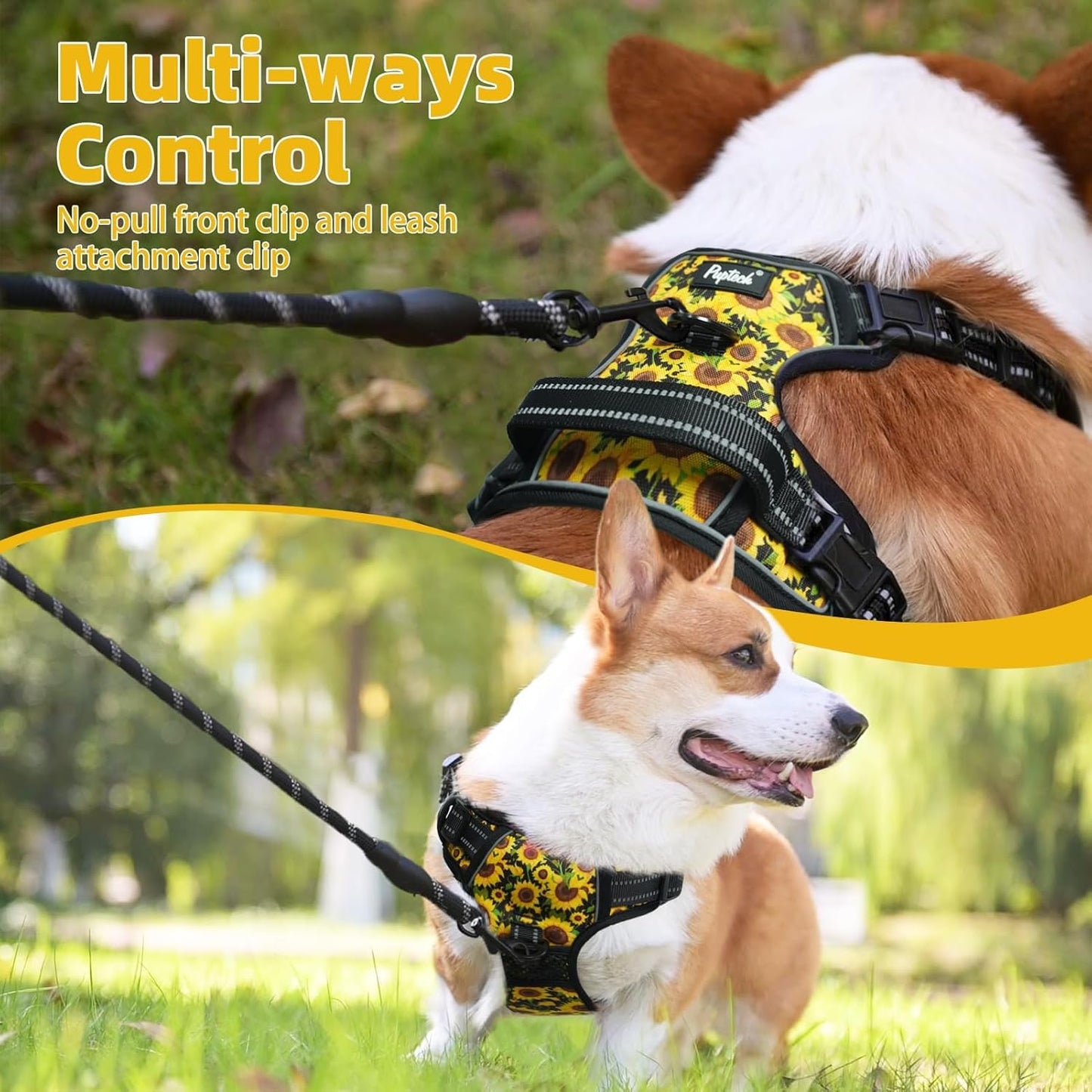 PUPTECK No Pull Dog Harness Small Sized, Adjustable Reflective Dog Harness with Handle Easy Control, Comfortable Soft Padded Pet Vest Harness for Small Dogs, Sunflower S