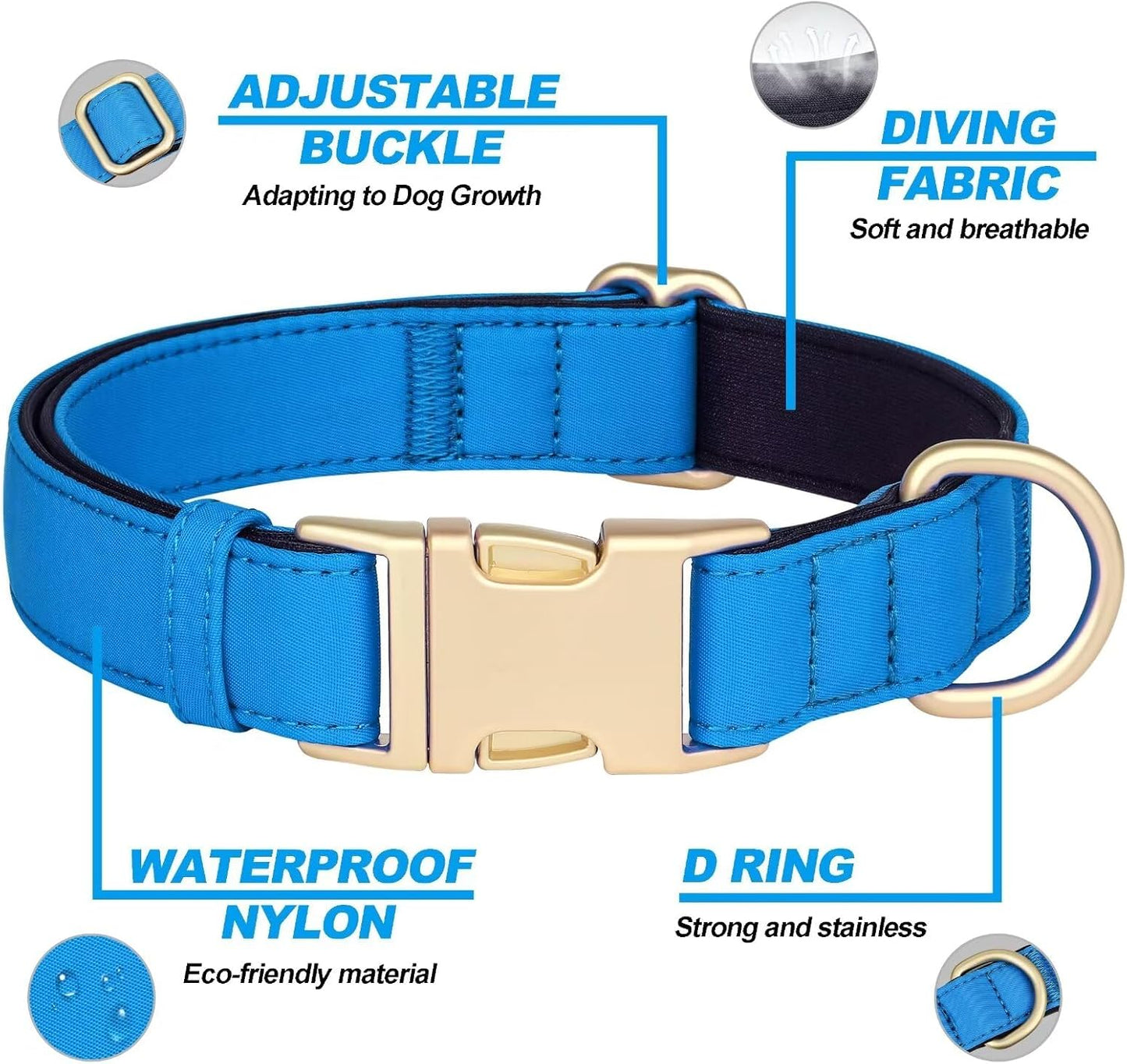 Didog Soft Padded Dog Collars for Medium Dogs, Colorful and Durable Dog Collar with Quick Release Buckle, Light and Breathable for Daily Walking, Blue, M