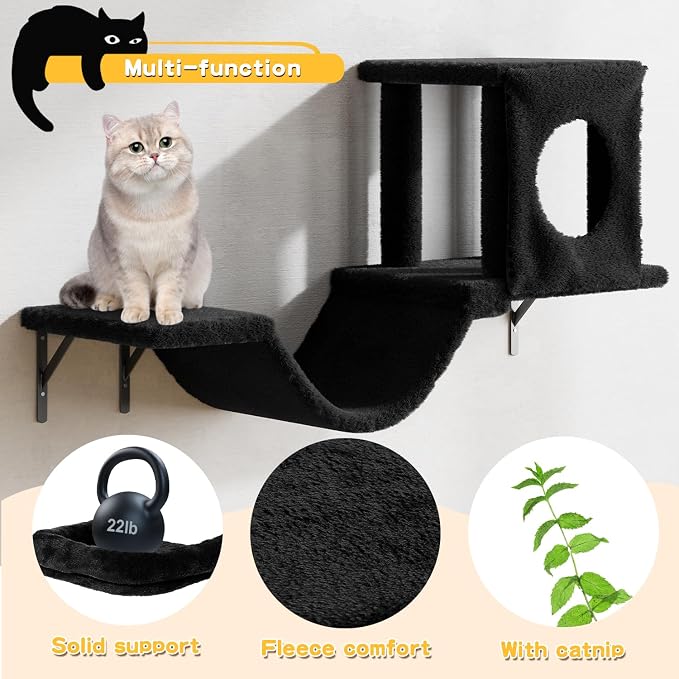 11-in-1 Cat Wall Shelves Cat Climbing Furniture with Wall Mounted Perch & Lounge for Indoor Cats, Space-Saving Cat Climbing Wall Systems, Black