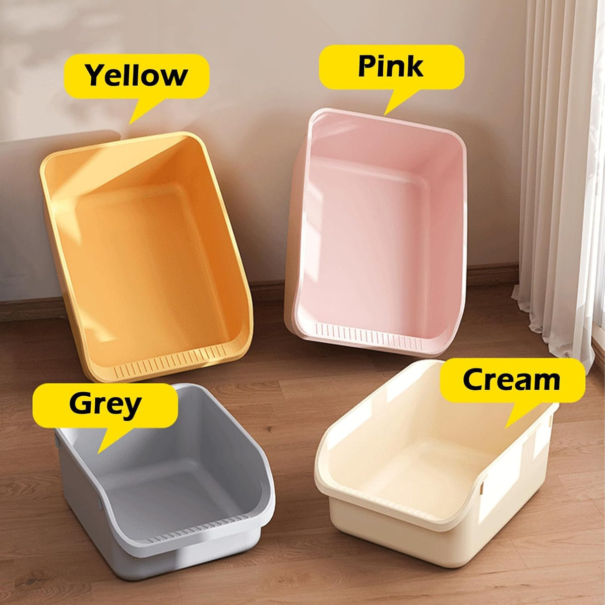 SpaceTime Large Cat Litter Box with High Sides,Cat Boxes for Indoor Cats,Cat Litter Pan for Kitty,Litter Box with Low Entry,Easy to Clean,Anti-Splashing(Cream White)