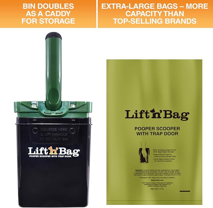 Neater Pet Brands Lift N’ Bag 2.0 Dog Pooper Scooper with Bag Attachment for Small to Large Dogs, New & Improved Design, 15 Refill Bags, Heavy Duty Dog Poop Scooper for Yard & Walks, One-Hand Use