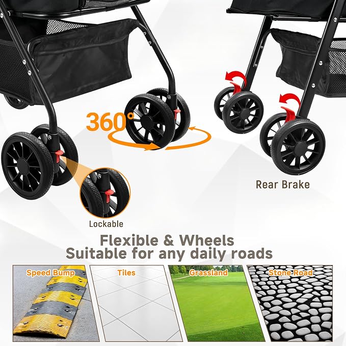 Pet Stroller for Small Dogs and Cats with 4 Wheels, 3 in 1 Foldable Dog Stroller with Detachable Carrier, Breathable Mesh, Storage Basket & Cup Holder, Up to 33 lbs