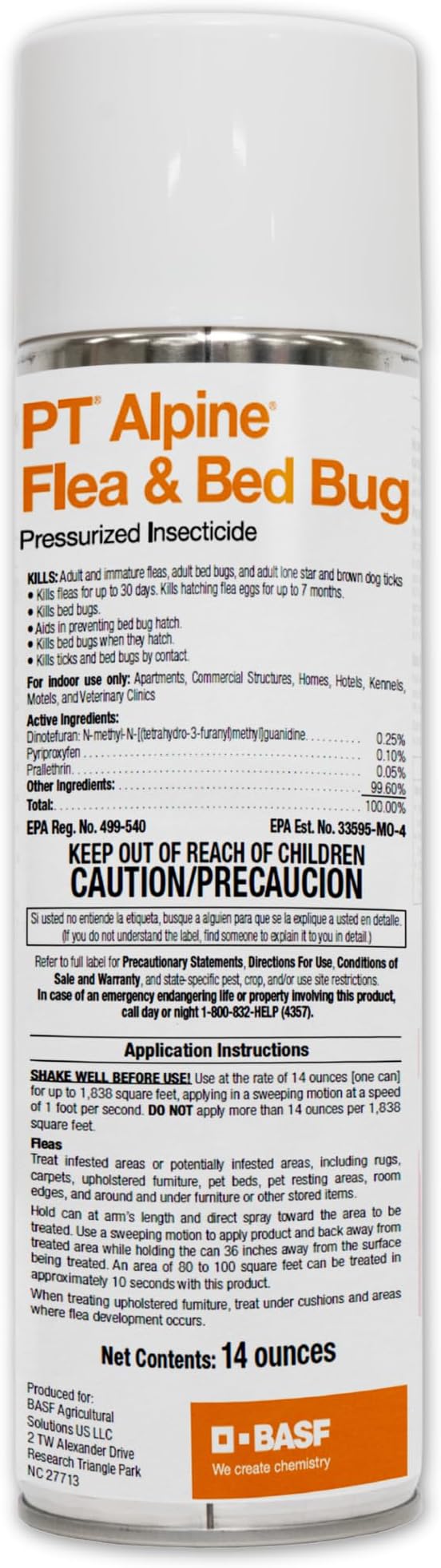 BASF PT Alpine Flea & Bed Bug Killer, Fast Acting Insecticide, Extended Long Lasting Pest Control Formula, Quick Dry, Non-staining, Ready to Use Spray Can 14 oz