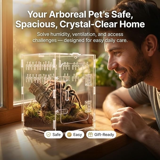 Tarantula Enclosure 8x8x12 Acrylic Terrarium: Arboreal Frog Habitat | Front Opening All-Side Ventilation Lockable Jumping Spider Enclosure for Crested Gecko Hermit Crab, Gift for Reptile Hobbyist