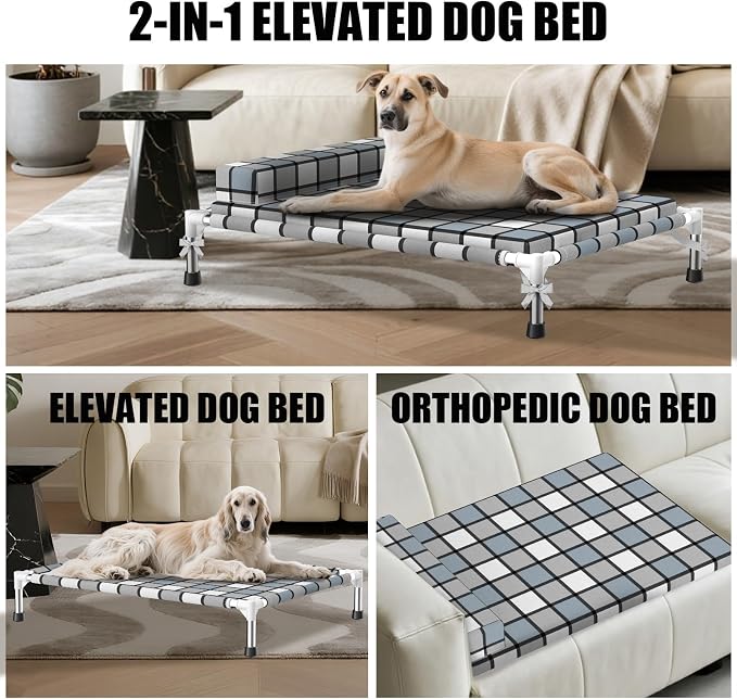 Elevated Dog Bed with Cushion & Bolster, Raised Dog Beds with Pillow & Mat | Cooling Lifted Large Indoor Outdoor Portable Lifted Pet Cot Stainless Steel Frame Indoor Outside Breathable Hammock Beds