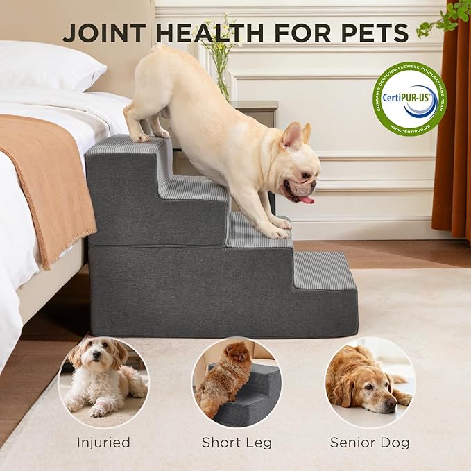 Joydeco Dog Stairs for Bed 20" H, 4-Step Pet Steps for Small Dogs and Cats, Dog Steps for High Bed, Non-Slip Balanced Ramp Indoor Pet Stairs, Gray
