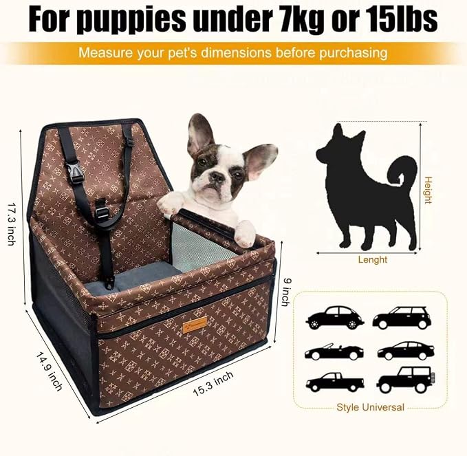 Pet Dog Booster Seat, Upgrading the Framed wall to Prevent Collapse，Breathable and Foldable Pet Car Basket，Removable andWashable pet car seat (Brown)