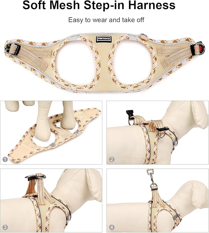 Mercano Soft Mesh Dog Harness and Leash Set, No-Chock Step-in Reflective Breathable Lightweight Easy Walk Vest Harnesses with Safety Buckle for Small Dogs, Cats (Beige, XL)