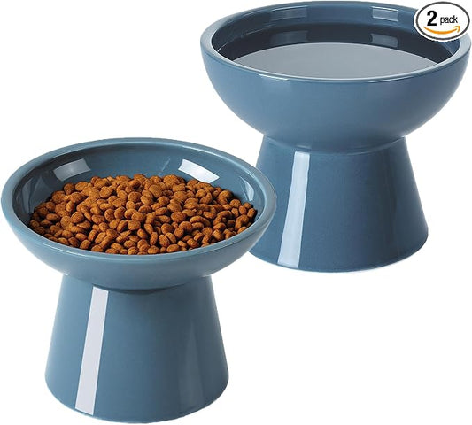 LoeJan Elevated Cat Food and Water Bowls Set, Extra Wide and Raised Ceramic Feeder, Anti-Vomit Whisker-Free Pressure Feeding Bowl for Kittens Adult Small Dogs, Deep Blue