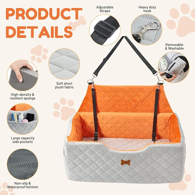 Dog Car Seat for Large Medium Dogs up to 55 lbs, Memory Foam Dog Booster Seat with Storage Pocket, 2 Safety Leashes,Washable Cover, Portable Anxiety Pet Travel Bed, Gray